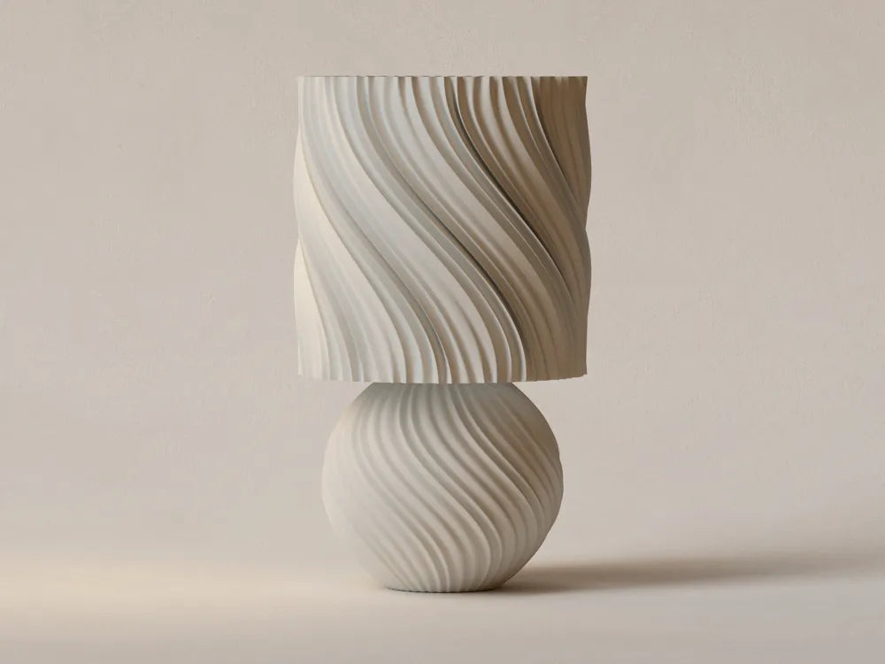 Lampe cylindrique vagues spiralées blanche fond beige