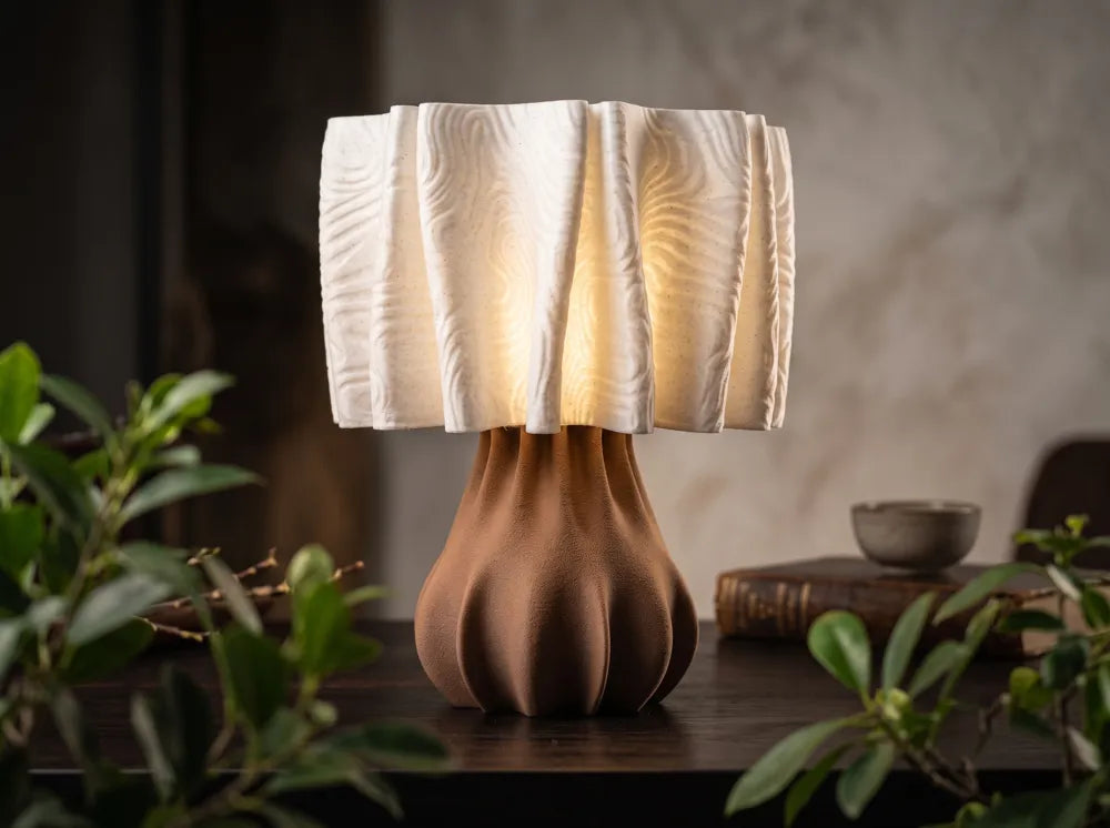 Luminaire Pétale au pied brun et abat-jour clair texturé