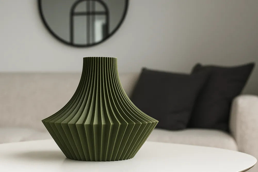 Vase Plissé Frangi Genève — coloris vert kaki sur table basse