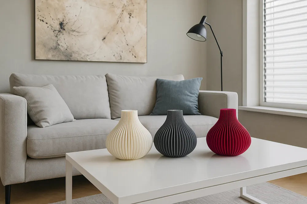 Vase Ondulé Frangi Genève — trio blanc ivoire, gris anthracite, rouge bordeaux en ambiance salon