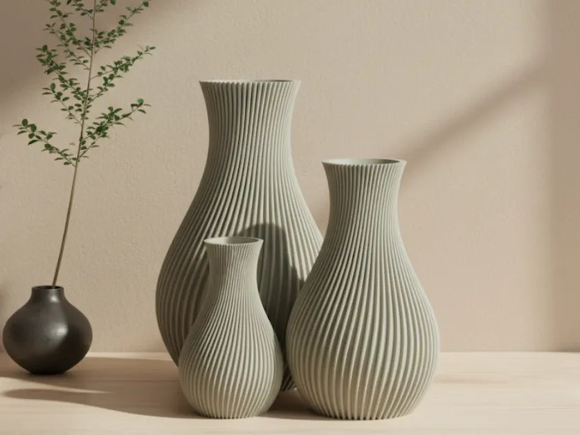 Vase Nervuré Frangi Genève — trio S, M, L en situation, fond beige chaud