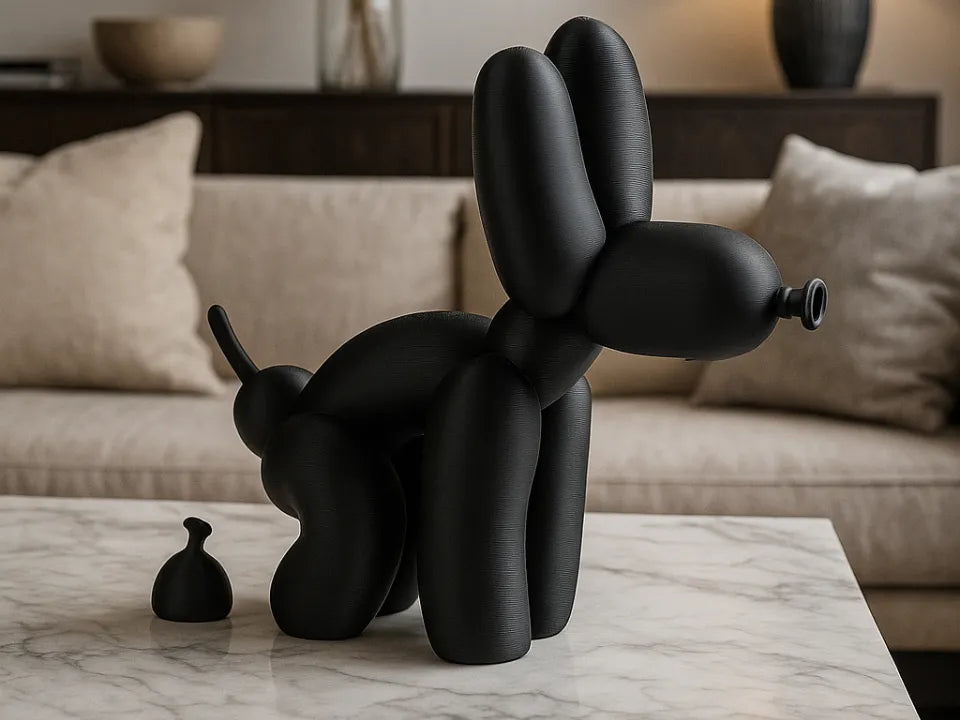 Sculpture chien ballon noir pop art sur table en marbre, ambiance salon