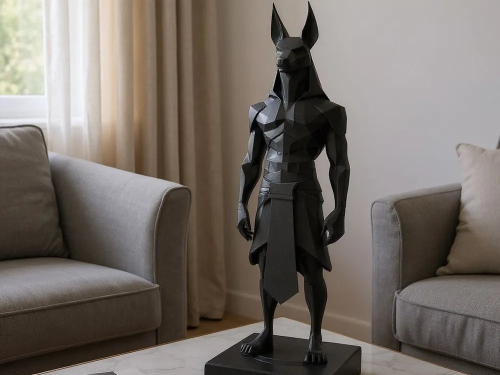 Sculpture Anubis low-poly noir vue de face dans salon contemporain