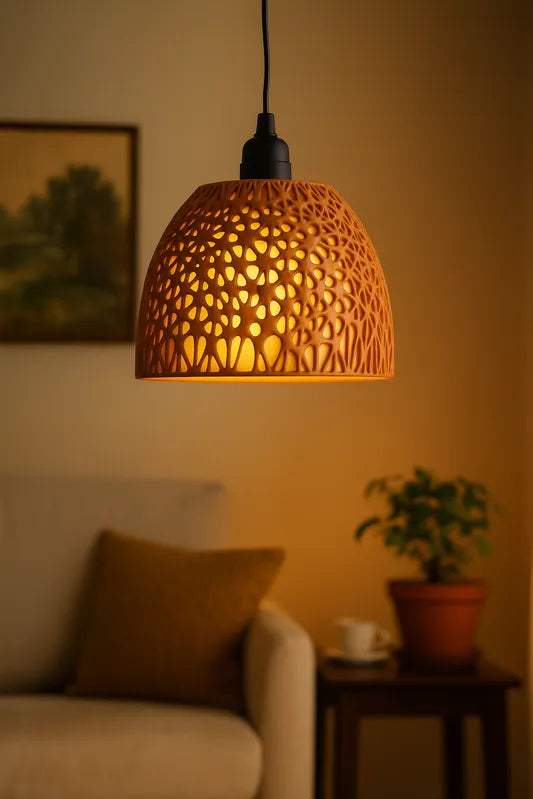 Abat-jour ajouré terracotta ambiance salon végétal