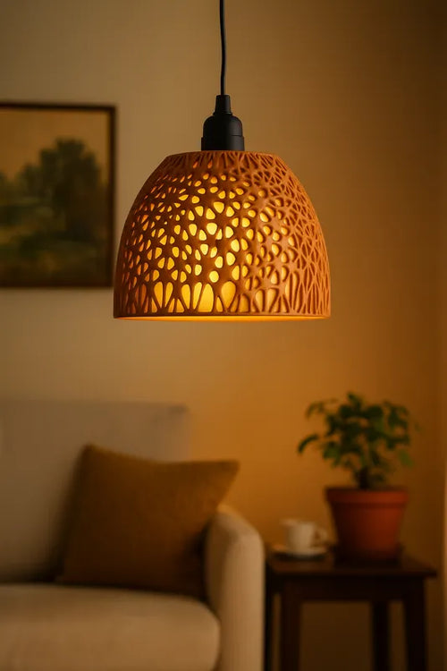 Abat-jour ajouré terracotta ambiance salon végétal