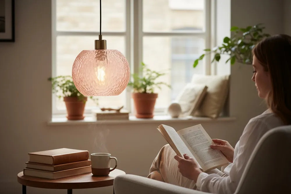 Suspension Rosée mise en scène près d’un fauteuil de lecture