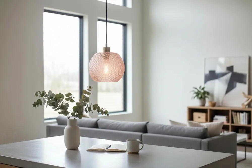 Suspension Rosée au-dessus d’une table dans un salon lumineux