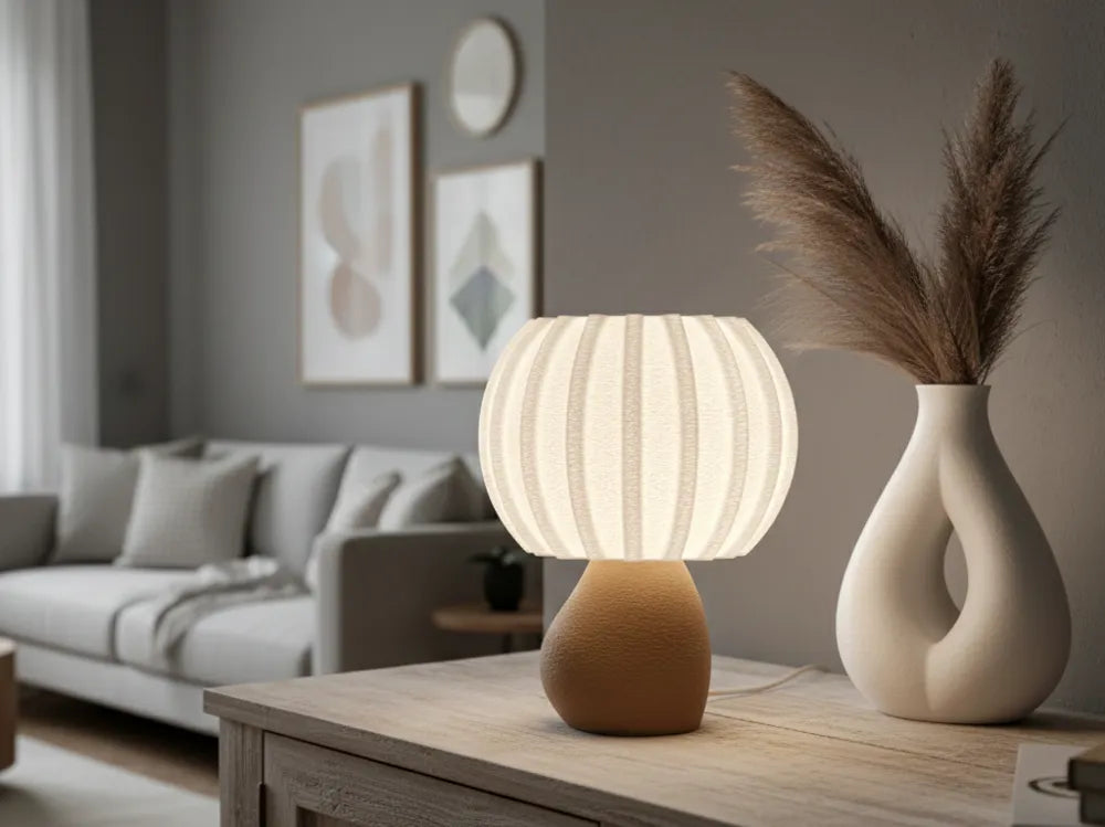 Luminaire Aurore au pied beige asymétrique et abat-jour blanc nervuré