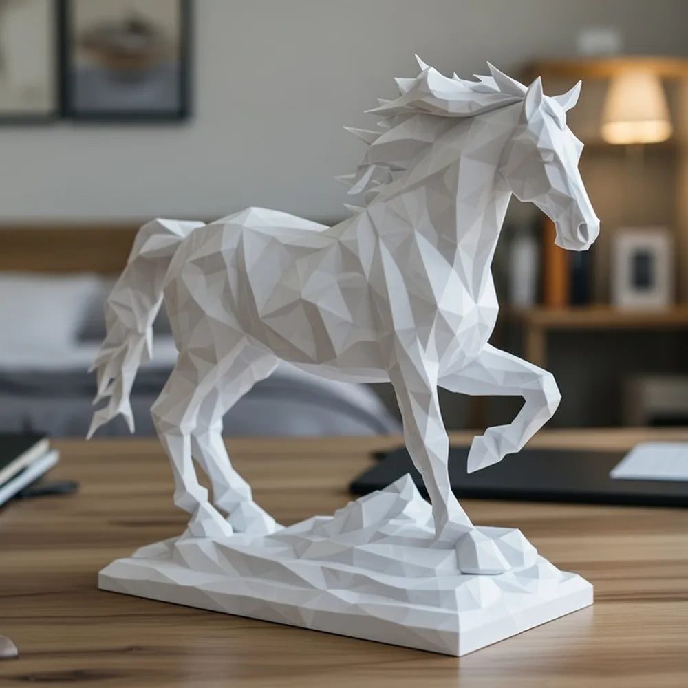 Sculpture cheval au galop low-poly blanc vue trois quarts avant sur bureau