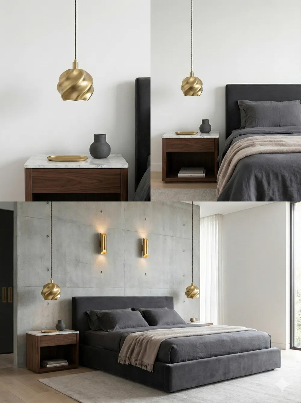 Suspensions Arabesque de teinte dorée dans une chambre contemporaine