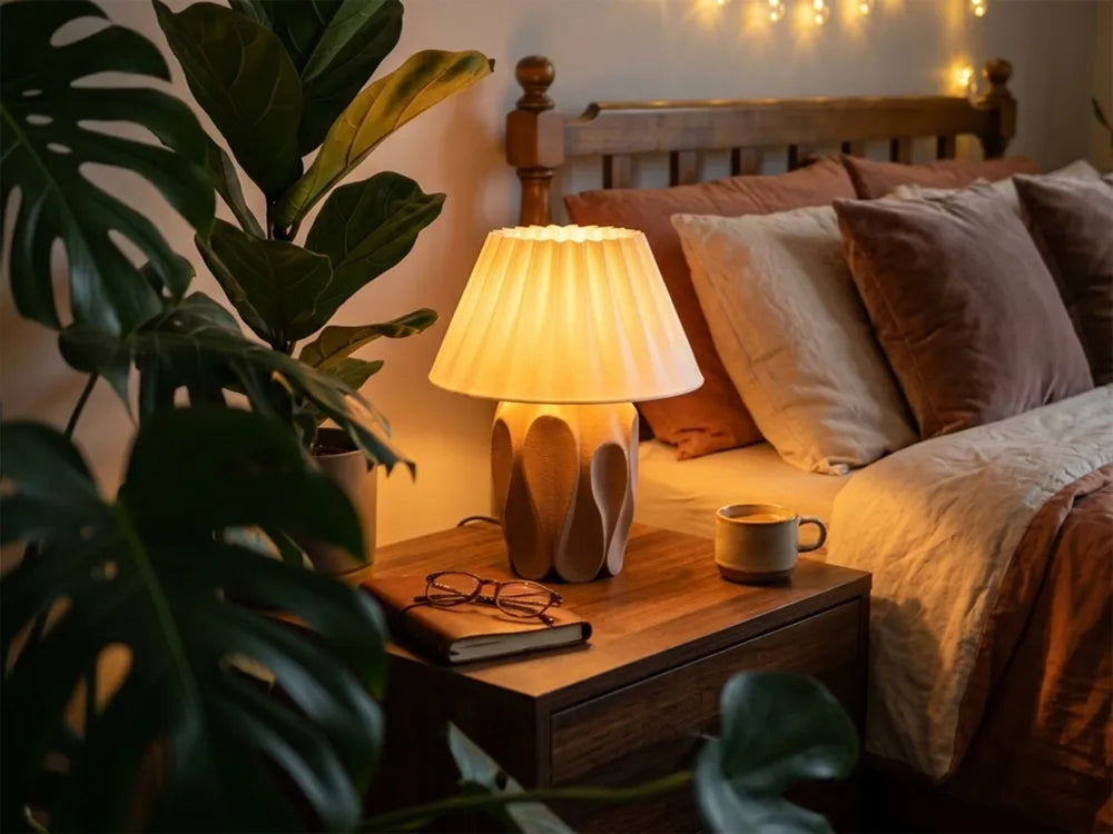 Luminaire Empreinte mis en scène sur une table de chevet