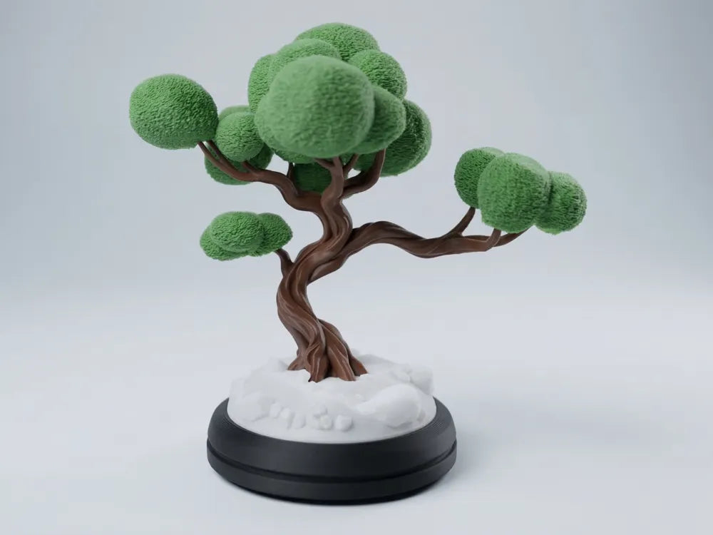Vue du Bonsaï décoratif sur sa base blanche et son socle noir