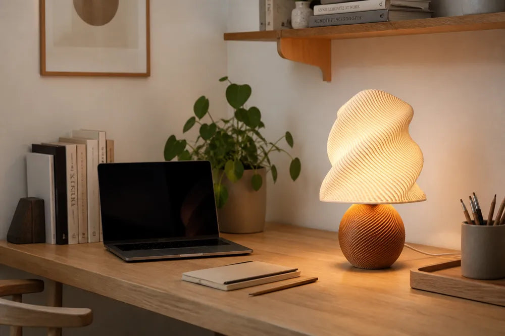 Luminaire Brise présenté sur un bureau avec un ordinateur et des livres