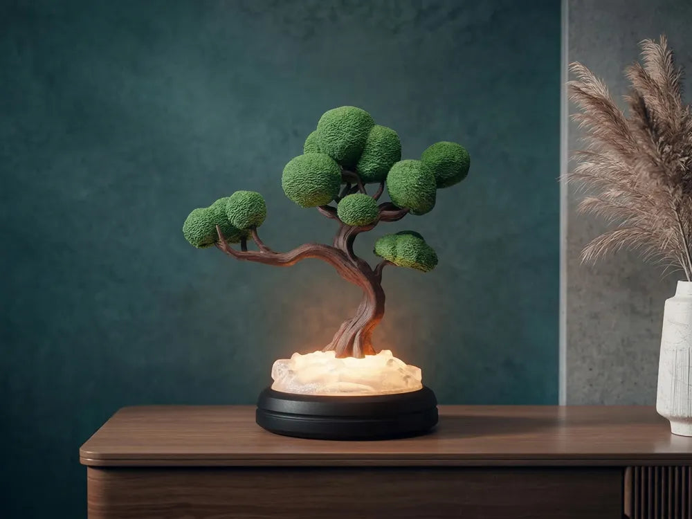 Luminaire Bonsaï présenté avec sa base éclairée