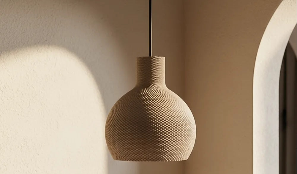 Suspension vase beige texturée gros plan mur clair