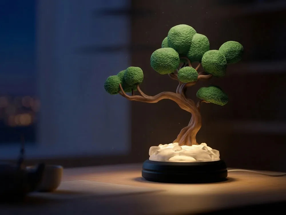 Luminaire Bonsaï au feuillage vert arrondi et tronc brun sinueux