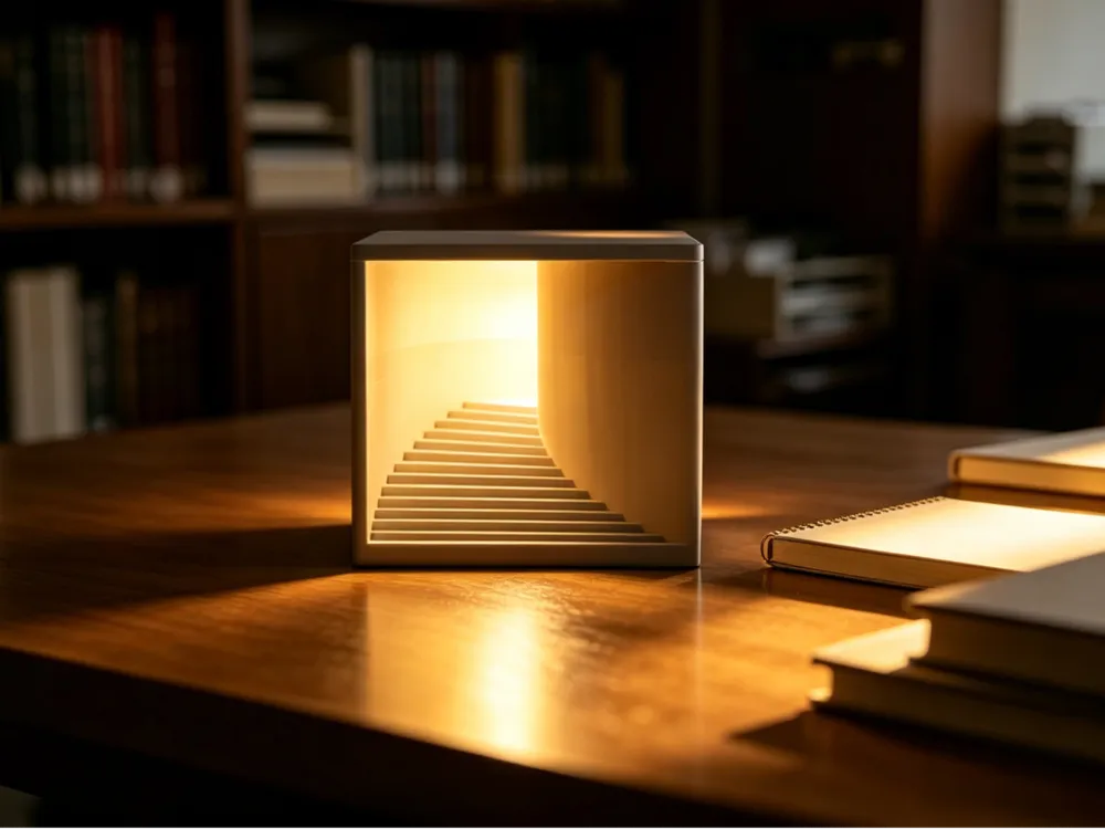 Luminaire Perspective cubique à escalier intérieur présenté sur un bureau