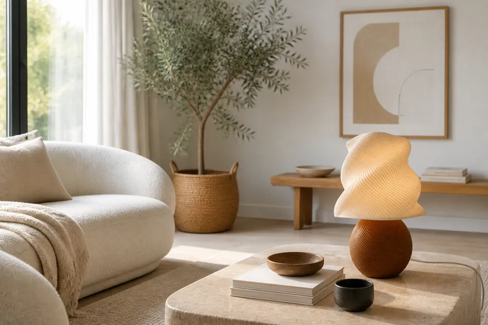 Luminaire Brise présenté sur une table basse dans un salon lumineux