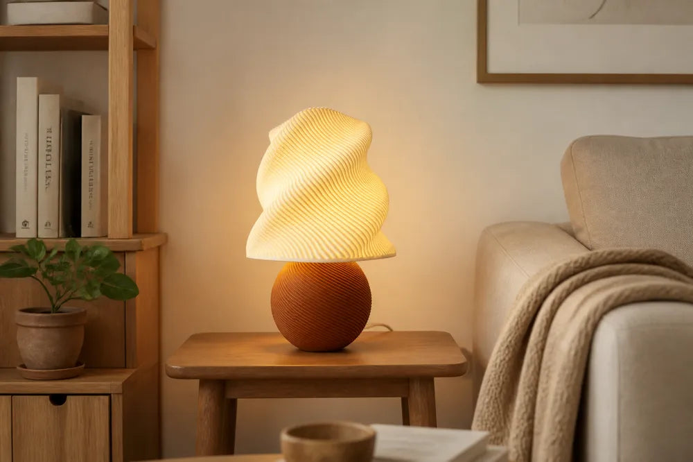 Luminaire Brise au pied brun arrondi et abat-jour clair ondulé
