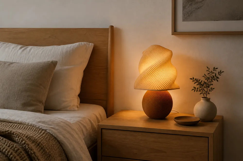 Luminaire Brise mis en scène sur une table de chevet près d’un lit