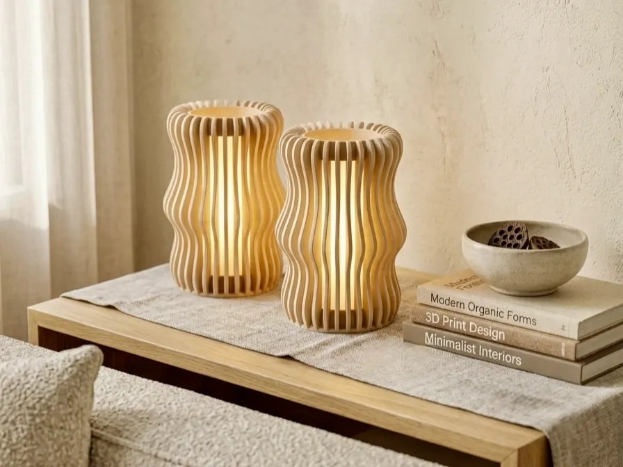 Luminaire Onde brun présenté sur une console