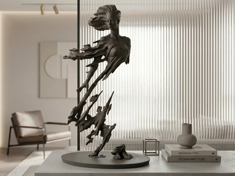 Sculpture figurative féminine effet dissolution dans un salon luxueux